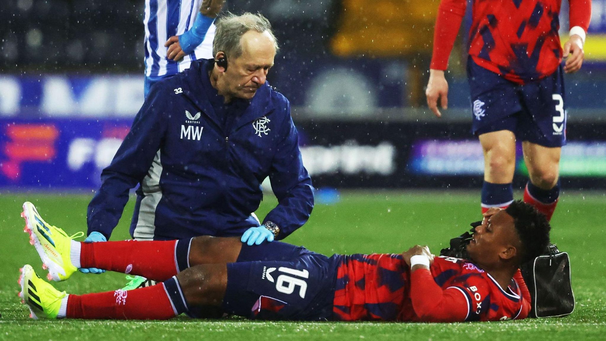 Rangers' Oscar Cortes receives treatment at Rugby Park
