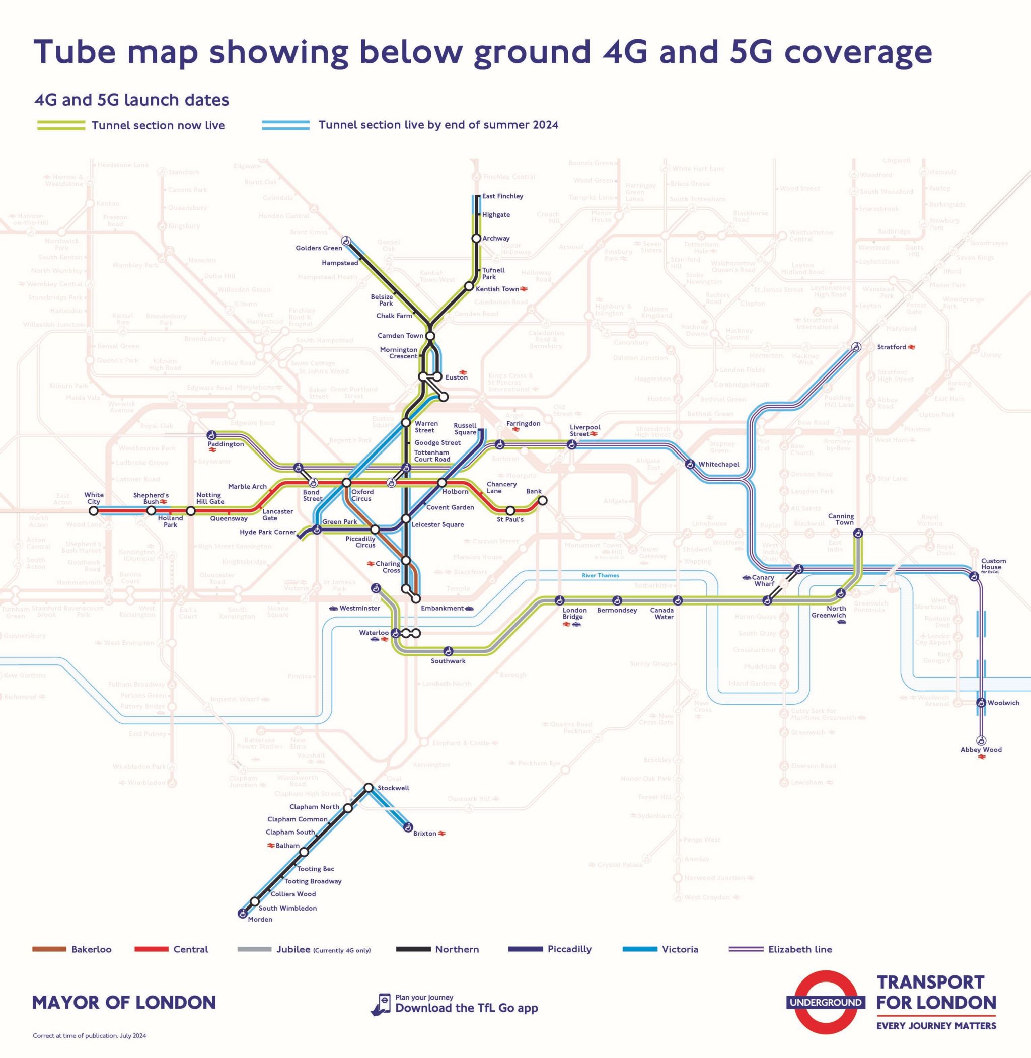 Tube map showing below ground 4G and 5G coverage