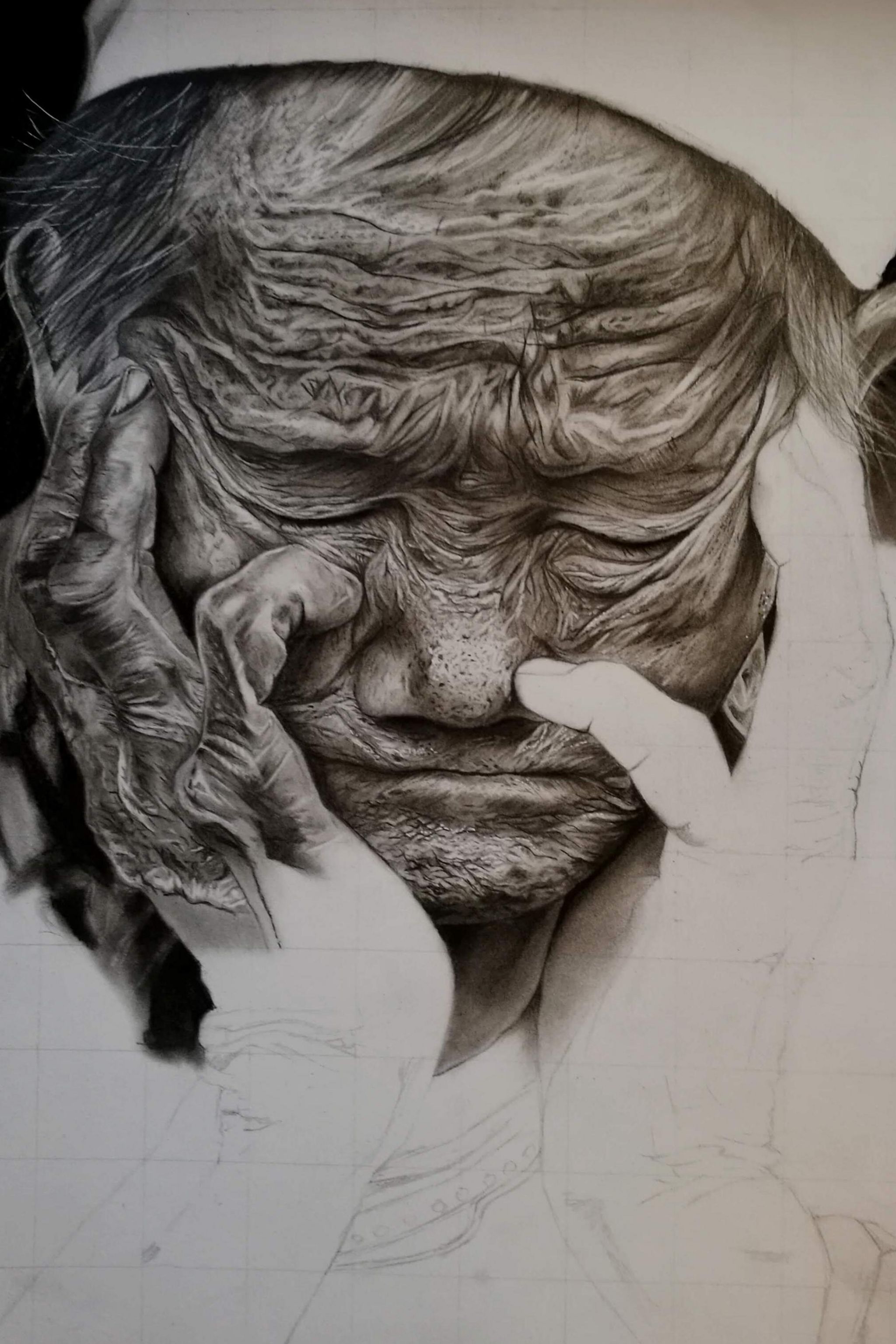 A photorealistic drawing of an older person