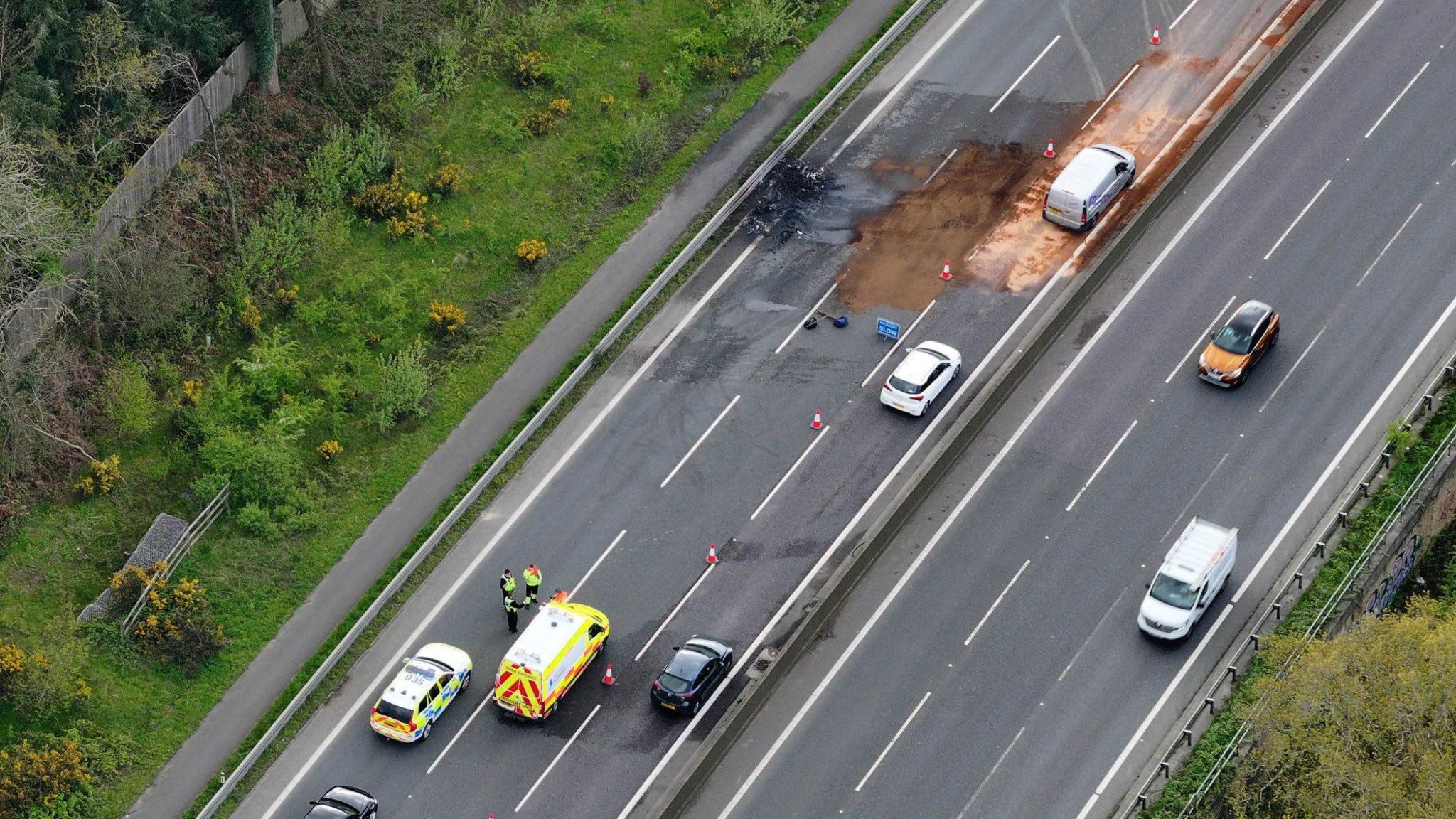 An aerial view of the vehicle fire which has closed the A23