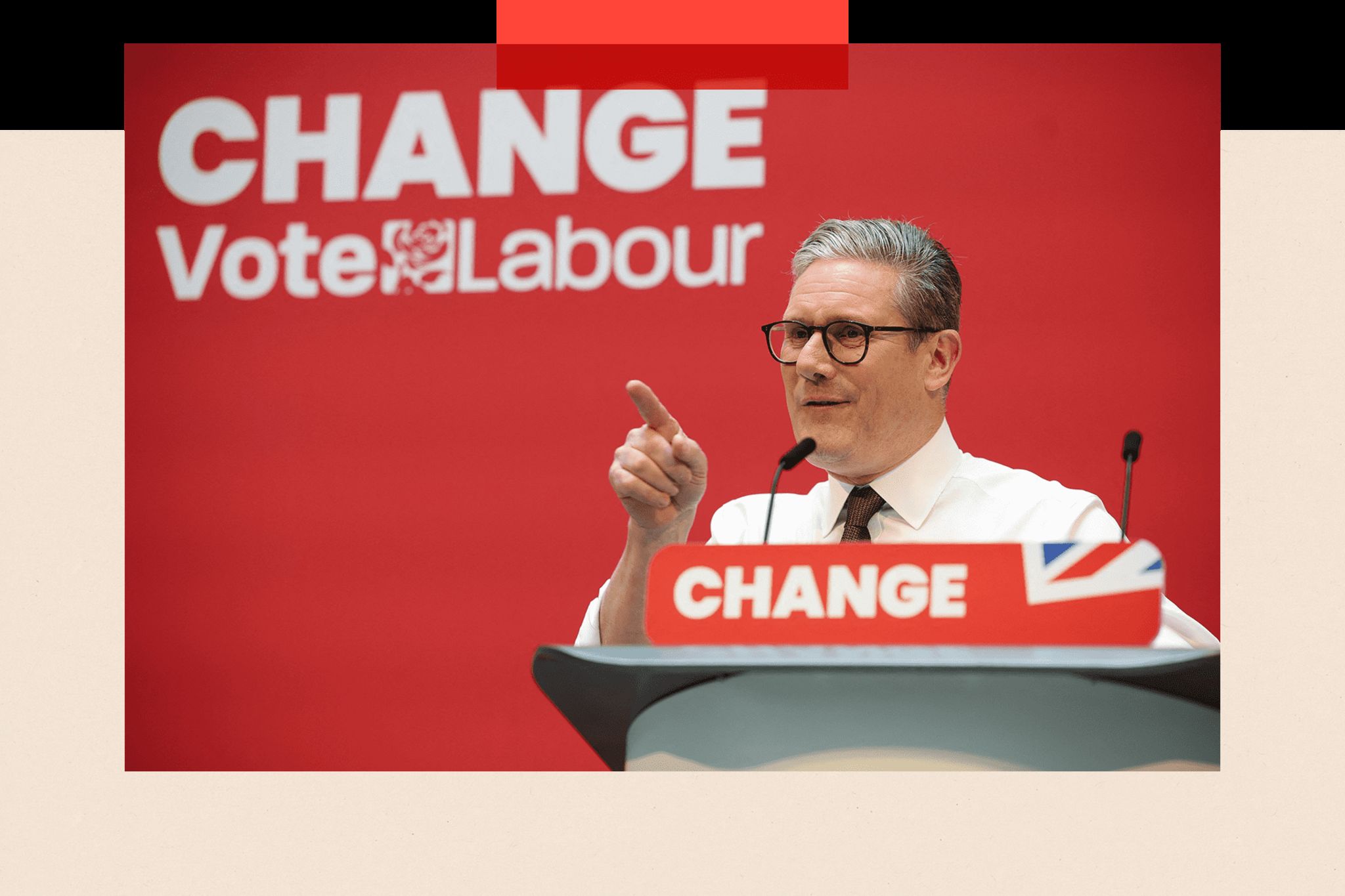 Labour's Keir Starmer speaking in front of a sign that reads "Change Vote Labour"