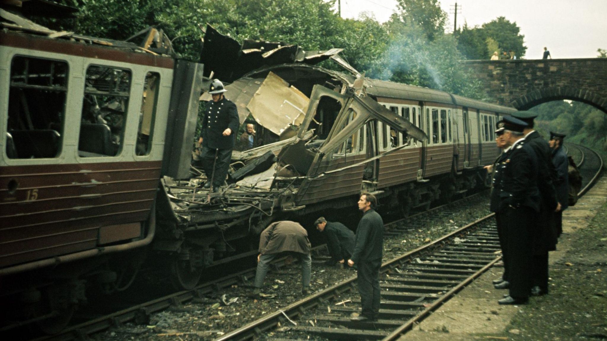 A train badly damaged by a bomb in Marino, County Down, Northern Ireland on 15 October 1973