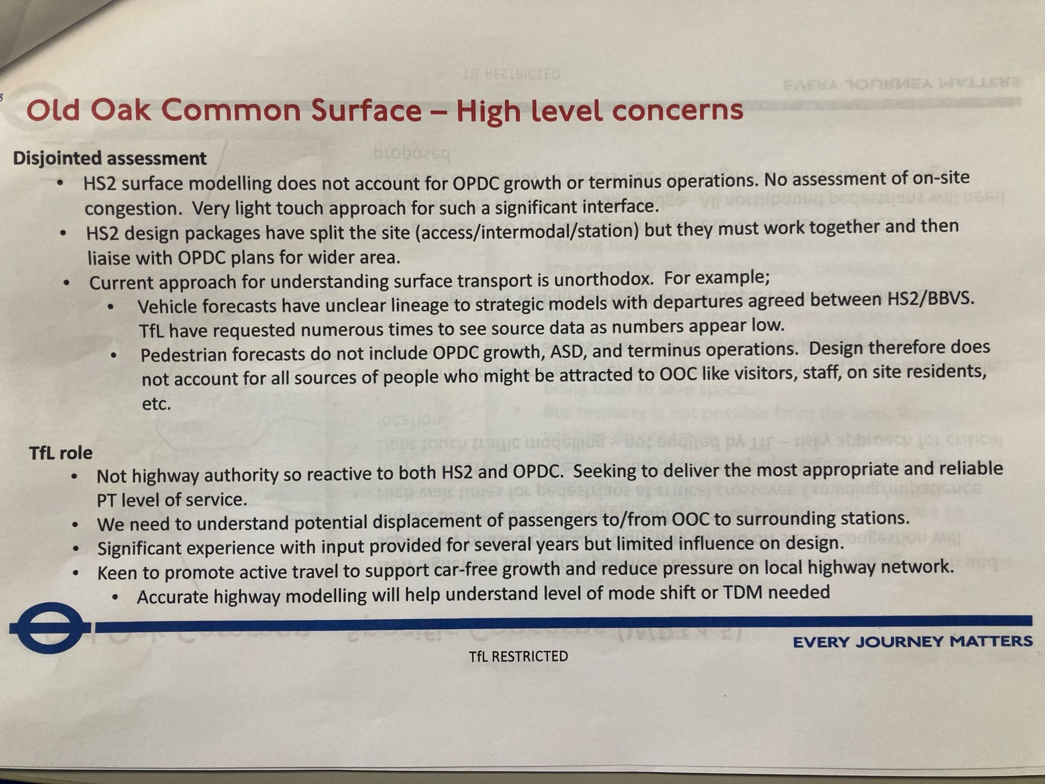 A TfL document headed Old Oak Common Surface - High Level Concerns