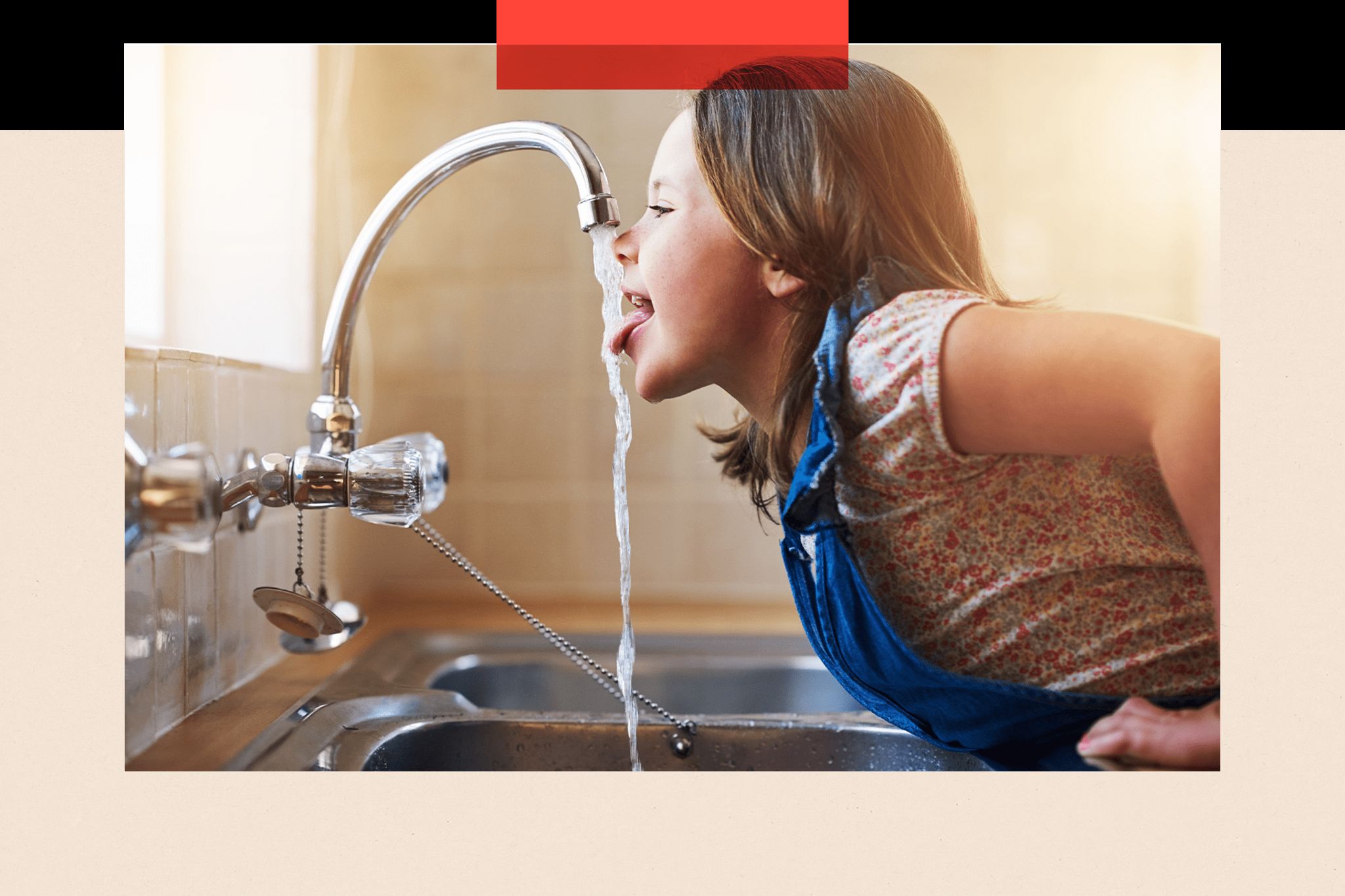 A photo of a girl drinking water from a running tap