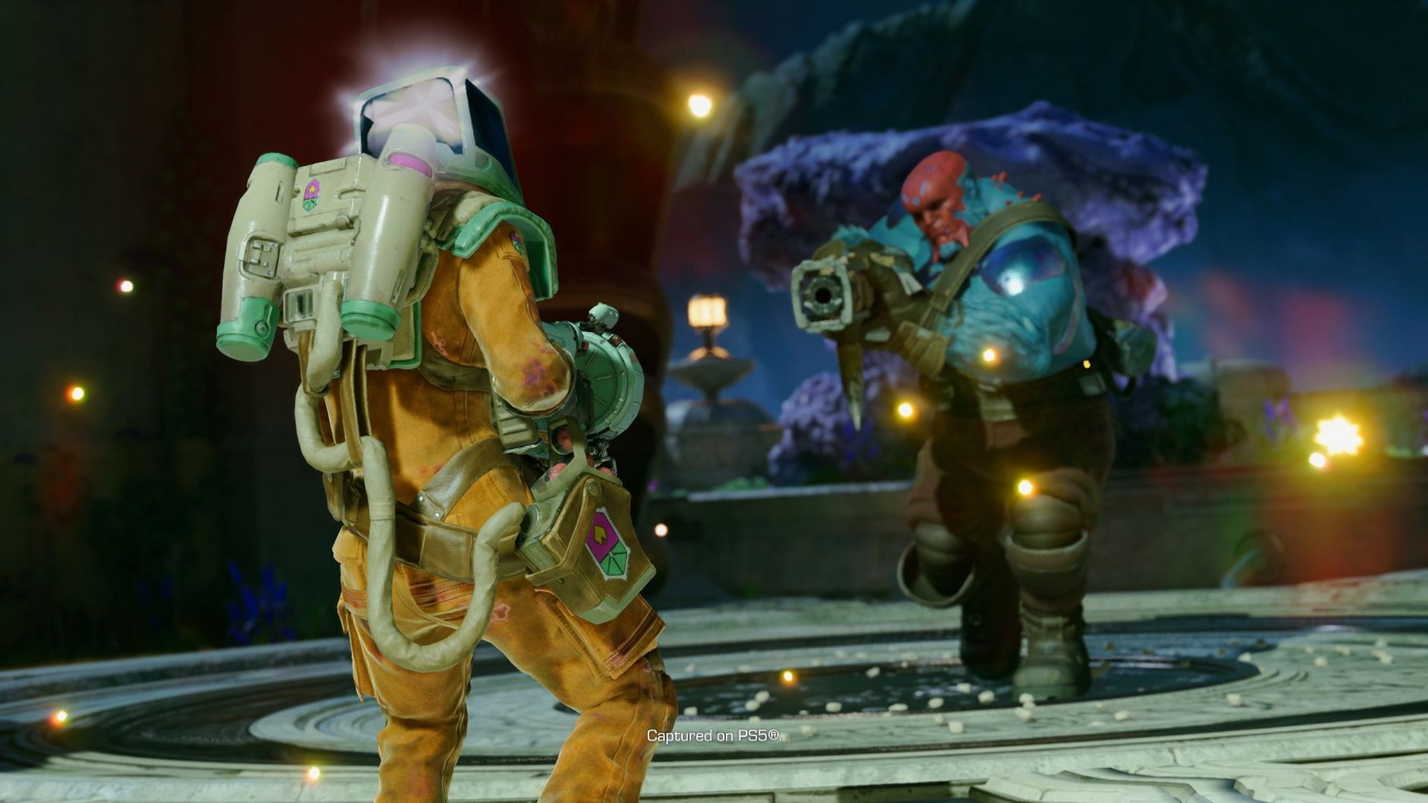 A large, muscular character points an oversized gun at a character in an orange spacesuit. They are standing on top of a space-station style roof against a galactic sky.