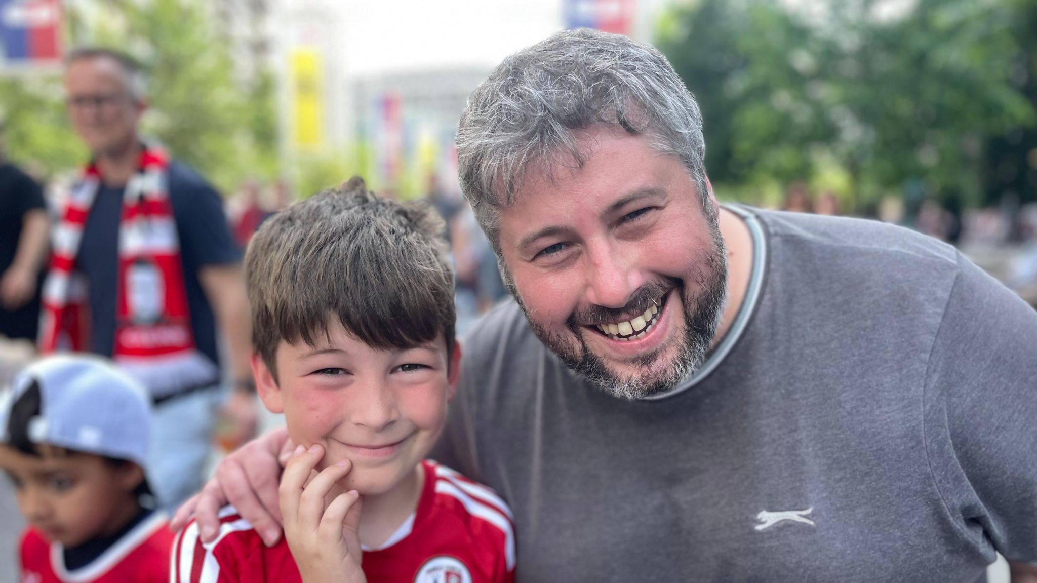 Noah and his dad Sam outside Wembley Stadium