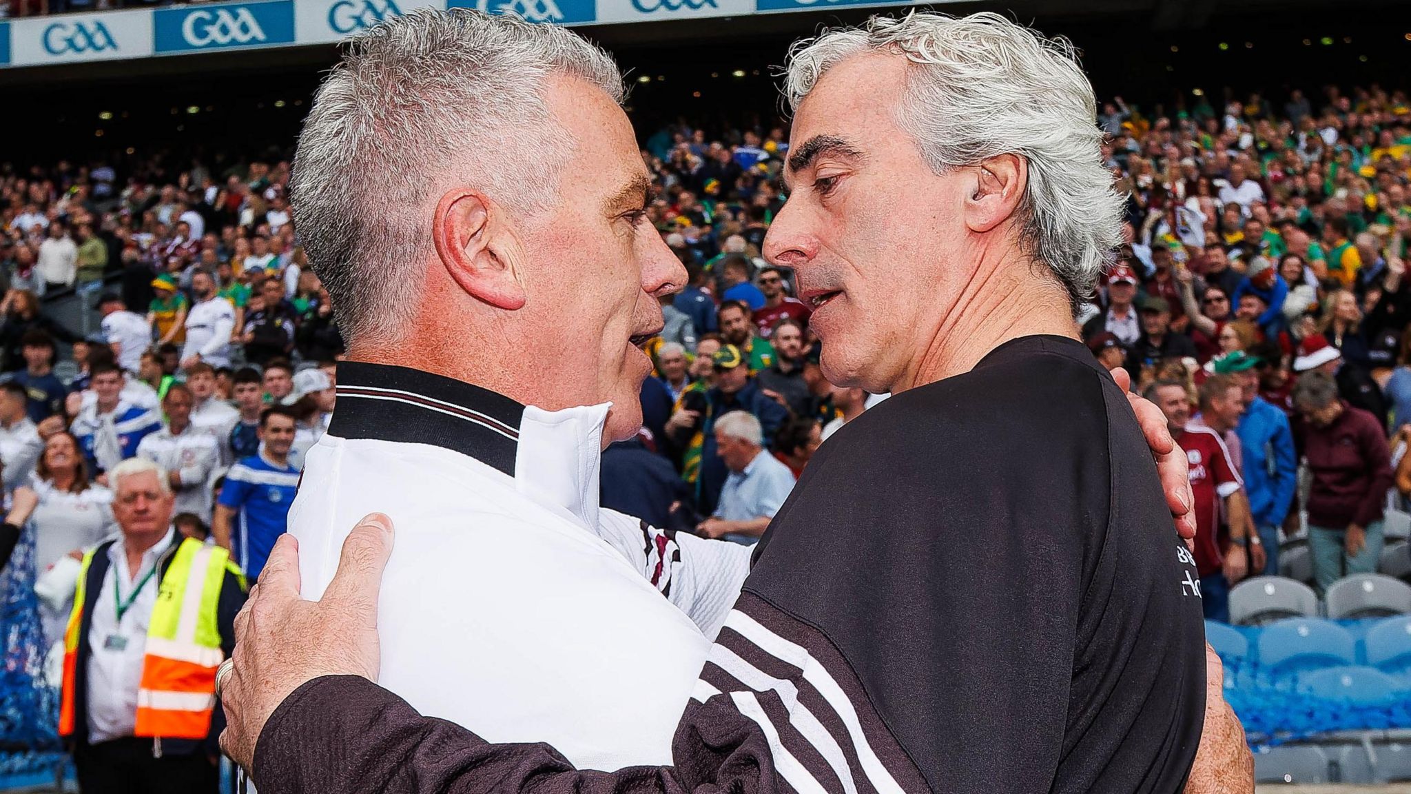 Jim McGuinness and Padraic Joyce clasp aft Sunday's All-Ireland Football semi-final