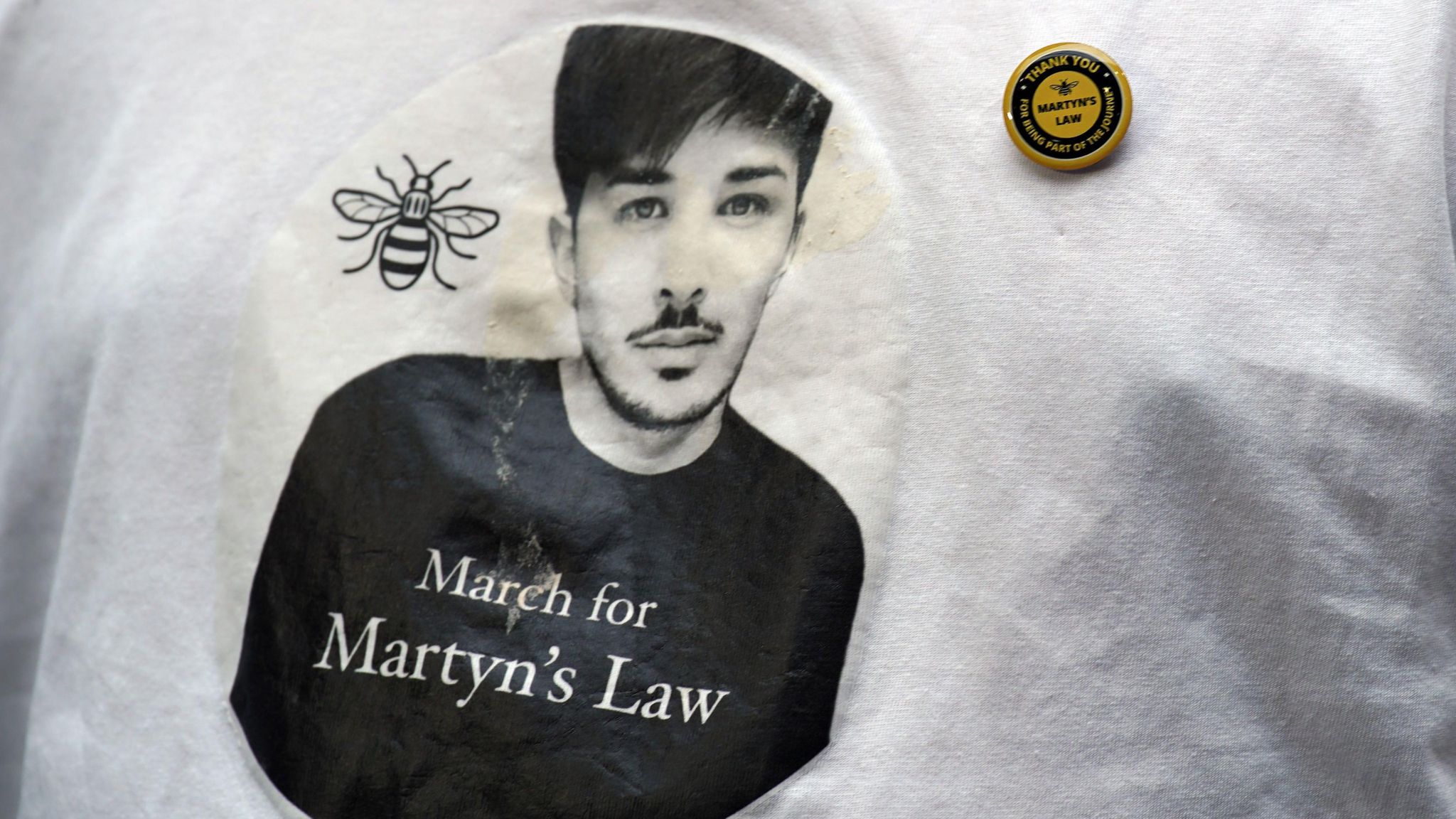 Campaign t-shirt with face of Martyn's Hett, calling for Martyn's Law