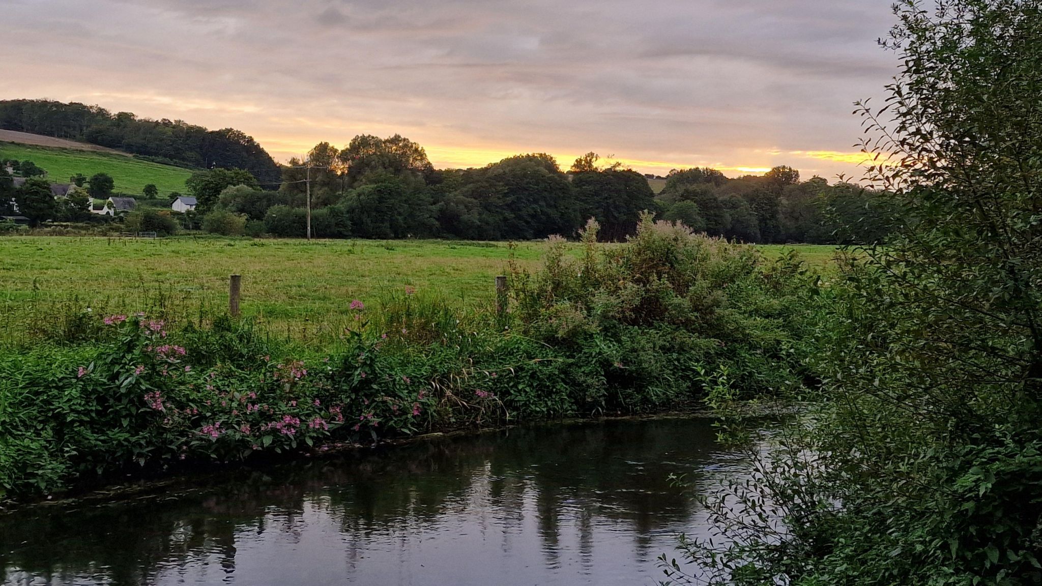 View across the River Frome and the fields and woods beyond at sunset