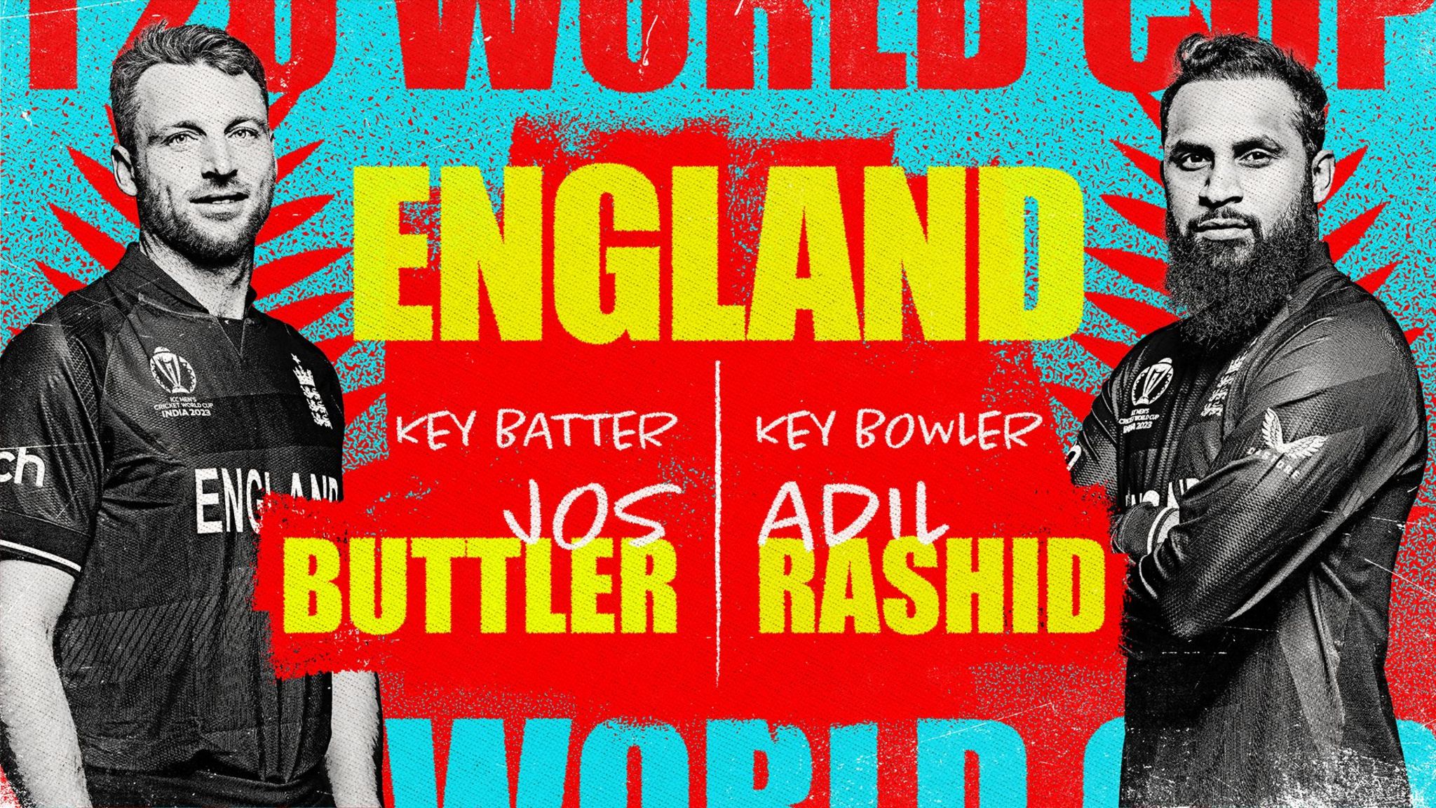 A graphic showing Jos Buttler and Adil Rashid as England's key batter and bowler at the Men's T20 World Cup