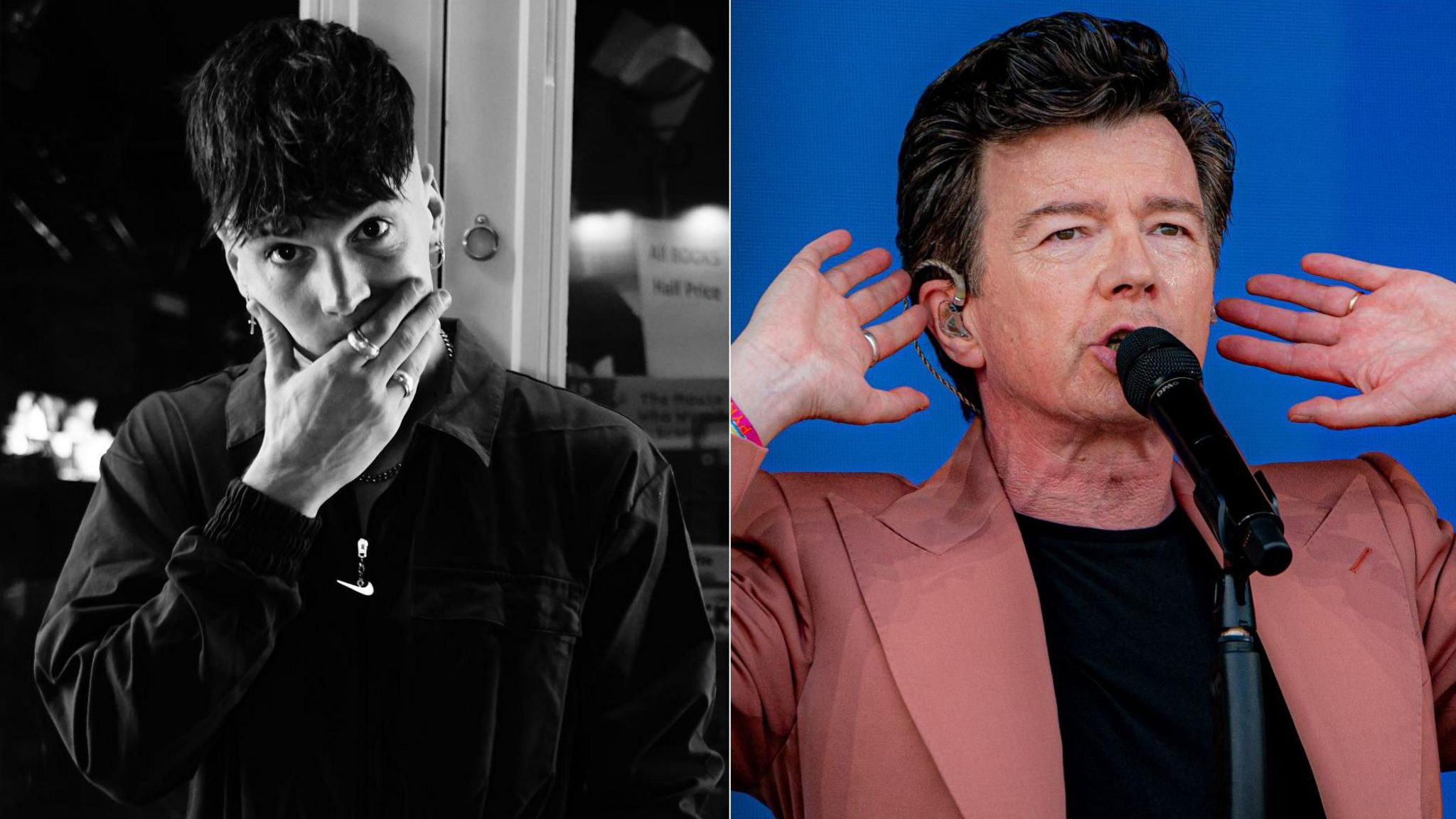 Composite image with Ren Gill in black and white dressed in black on left and Rick Astley in pink suit jacket and black tshirt singing at Glastonbury 2023