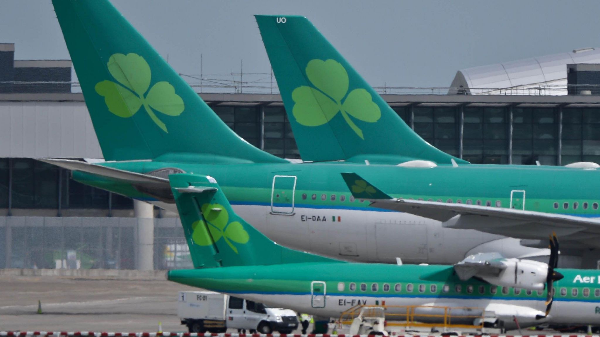 A number of Aer Lingus planes parked on an airport runway