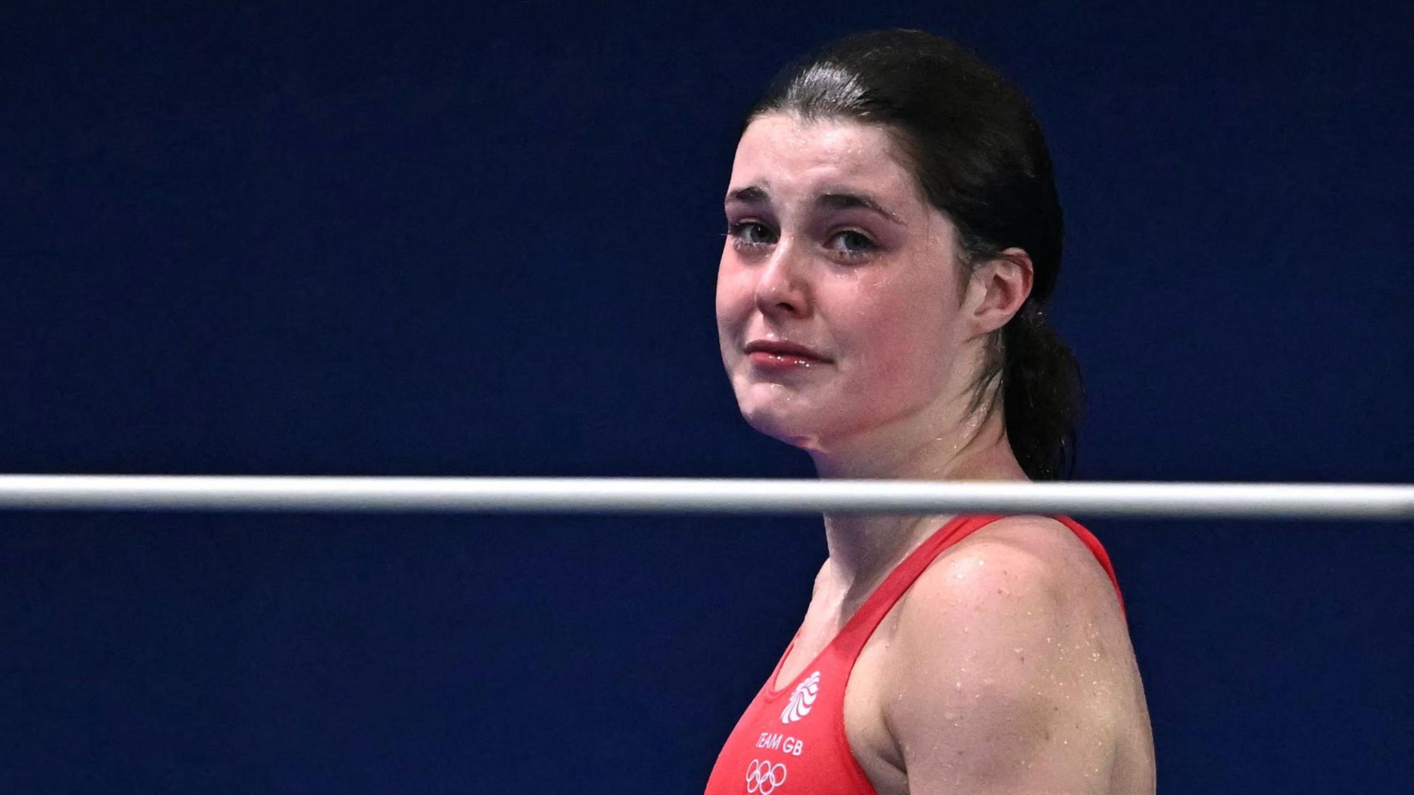 Andrea Spendolini-Sirieix looks upset after the women's 10m platform diving final