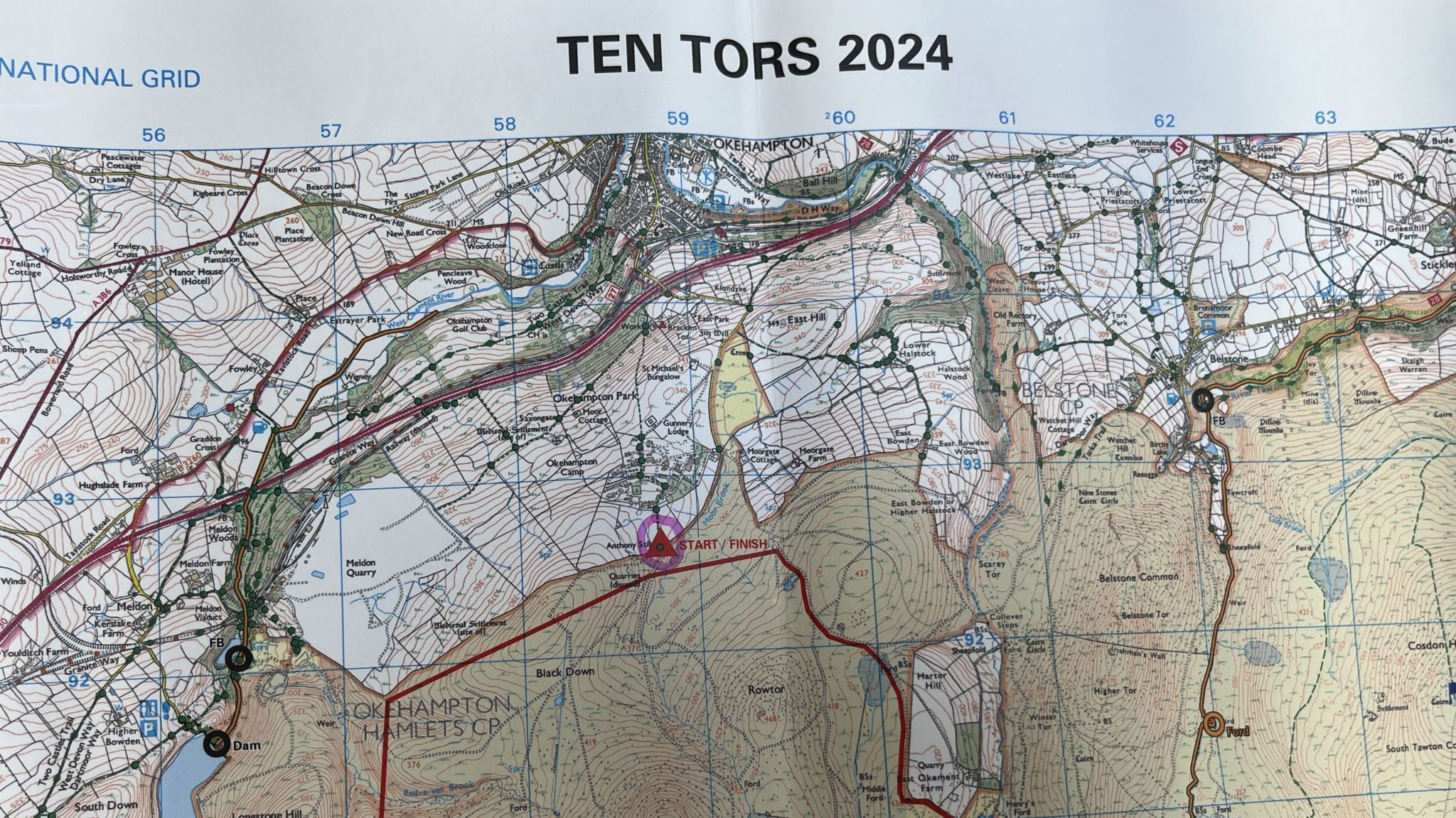 OS map with the title TEN TORS 2024 printed at the top