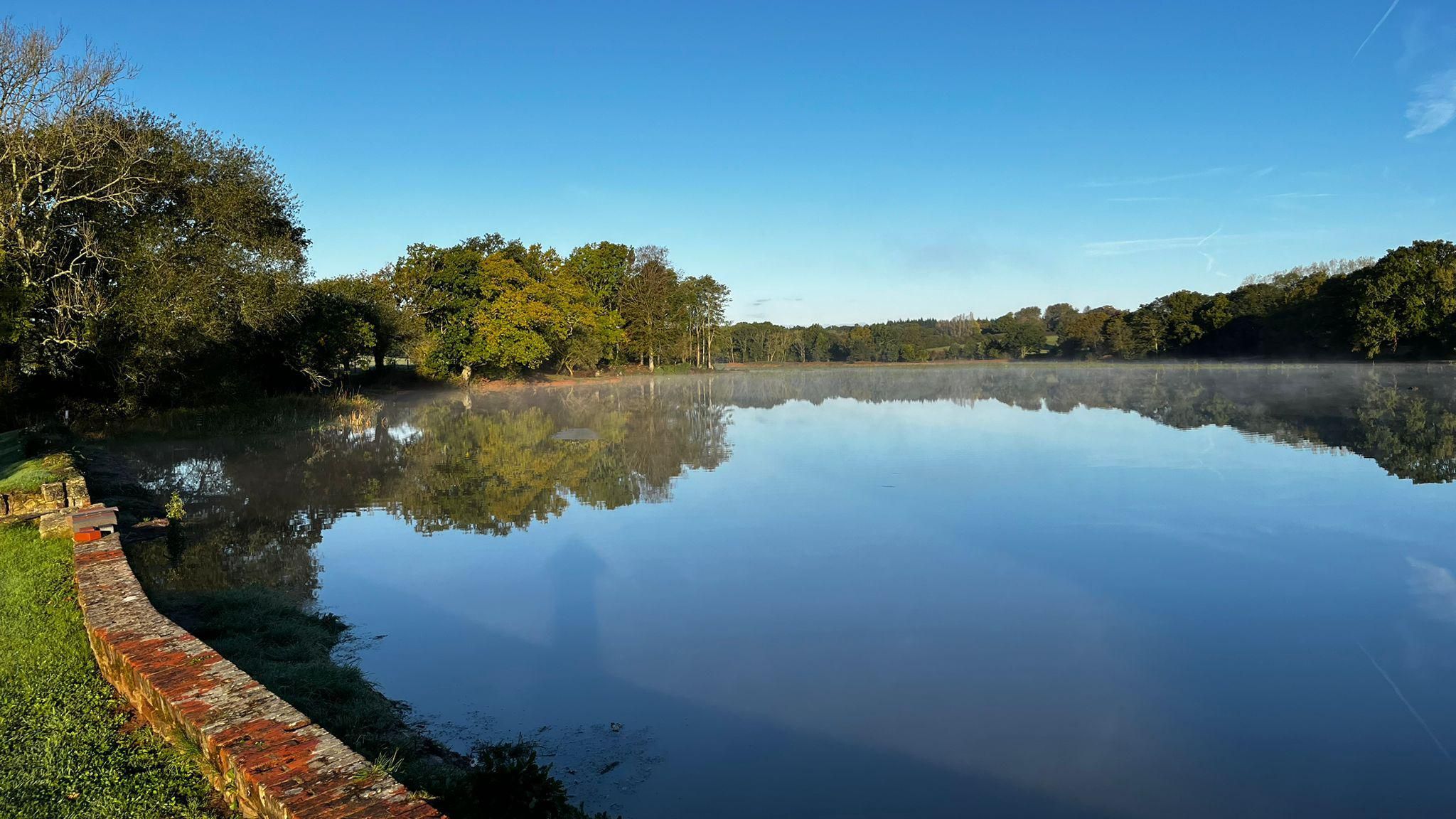 A vast late. The sky above is blue and reflects into the water. There are green trees surrounding the lake. At the bottom left of the image is a small patch of green grass with a short brown brick wall between the grass and the lake.