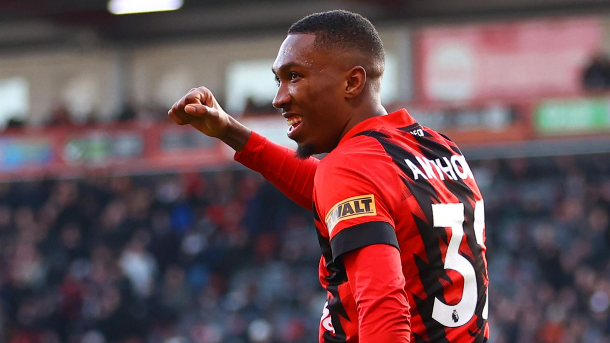 Jaidon Anthony of Leeds United reacts as Callum Wilson provides a Newcastle United Champions League update.