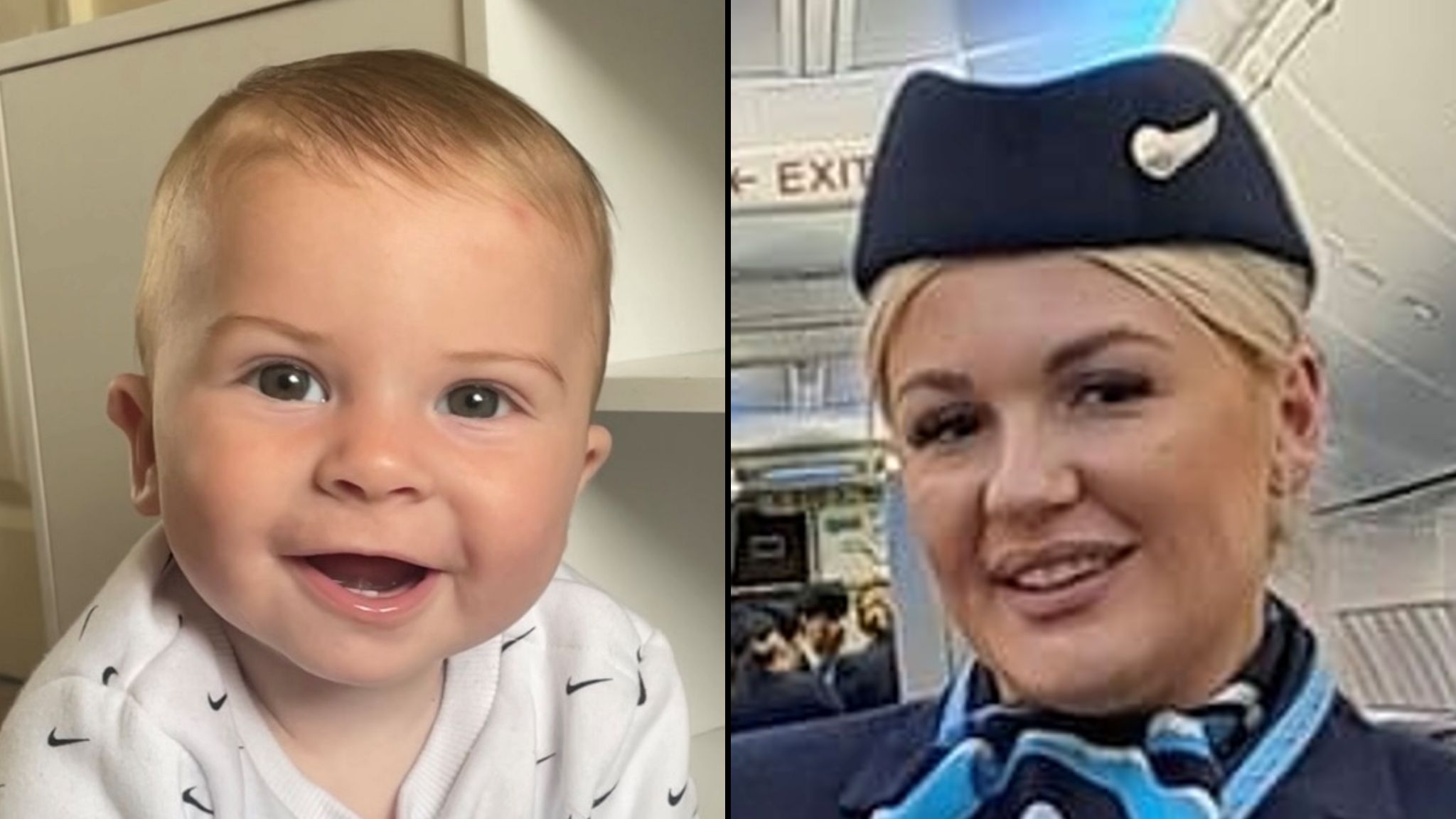 A composite, on the left is a young boy with fair hair smiling at the camera, on the right is a woman with blonde hair in a navy airline uniform hat, jacket and scarf looking at the camera. 
