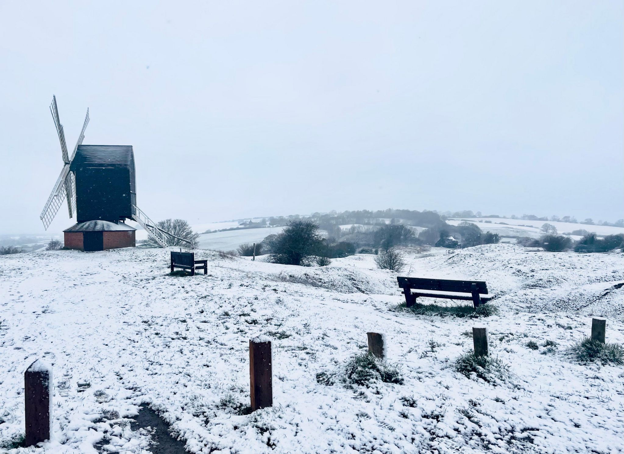 A windmill in the snow in Brill, Buckinghamshire