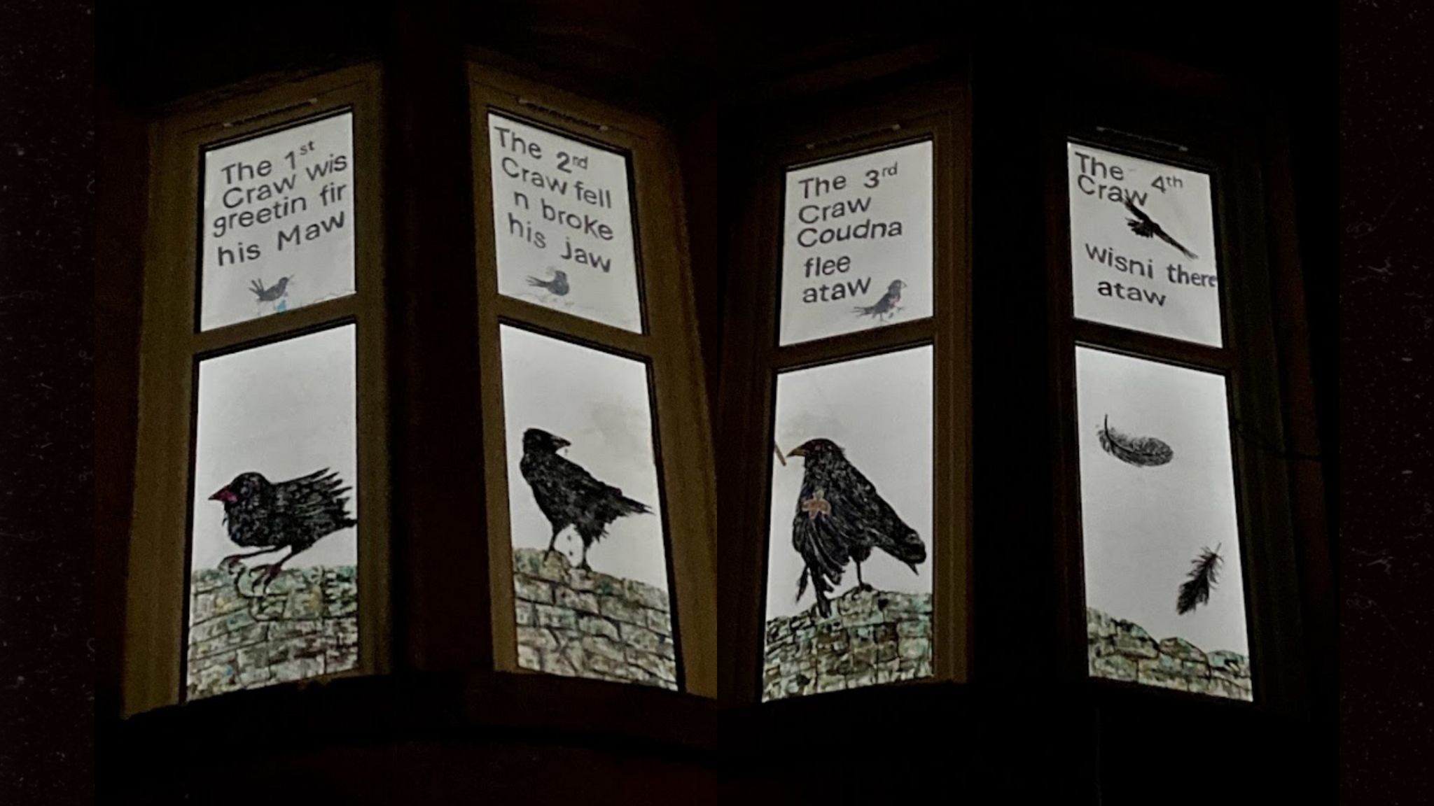 An illustrated rhyme over four windows reads: "The 1st craw wis greetin fir his maw, the 2nd craw fell n broke his jaw, the 3rd craw coudna flee ataw, the 4th craw wisni there ataw"