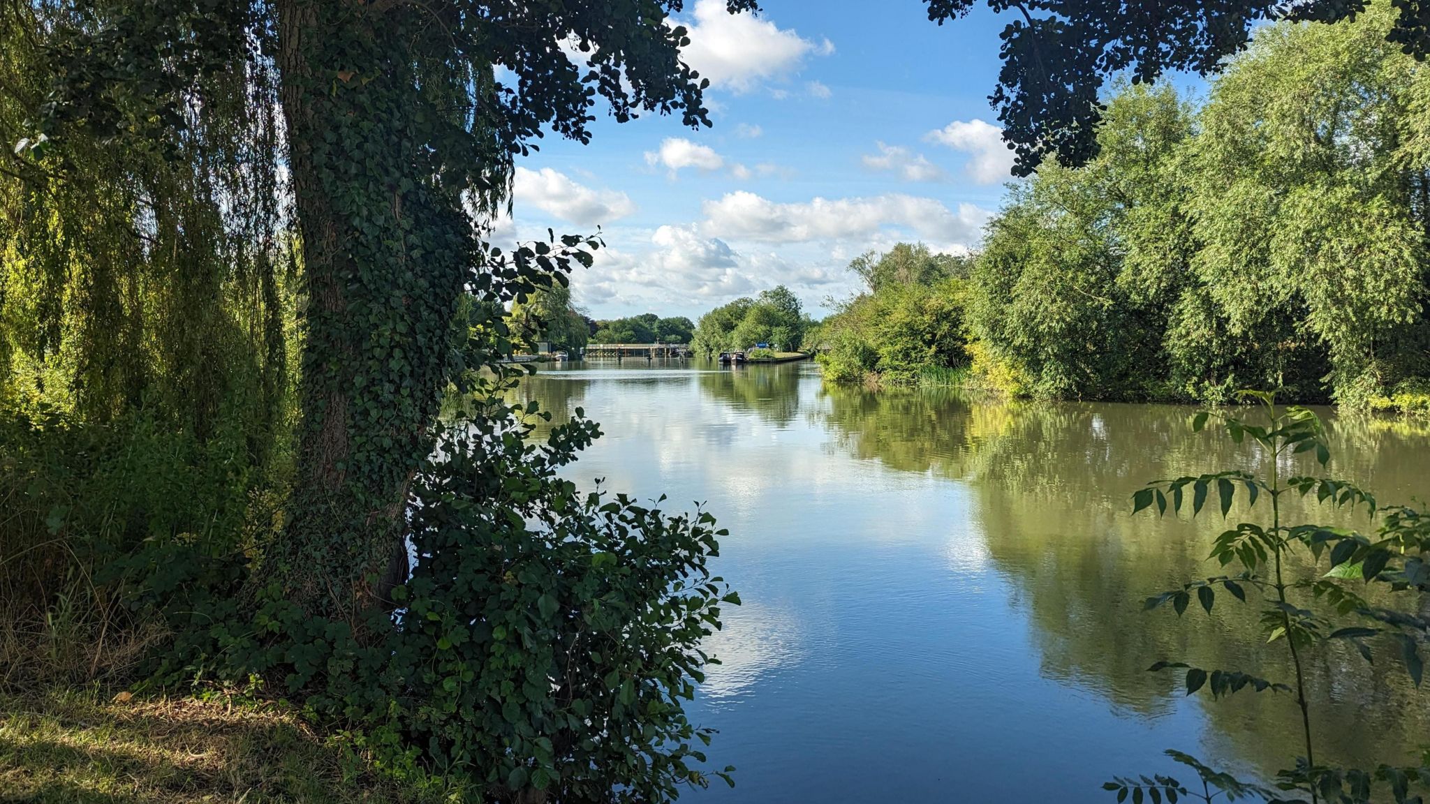 TUESDAY- The River Thames at Wallingford looking towards Benson Lock with trees either side and a blue sky with clouds reflected in the still water