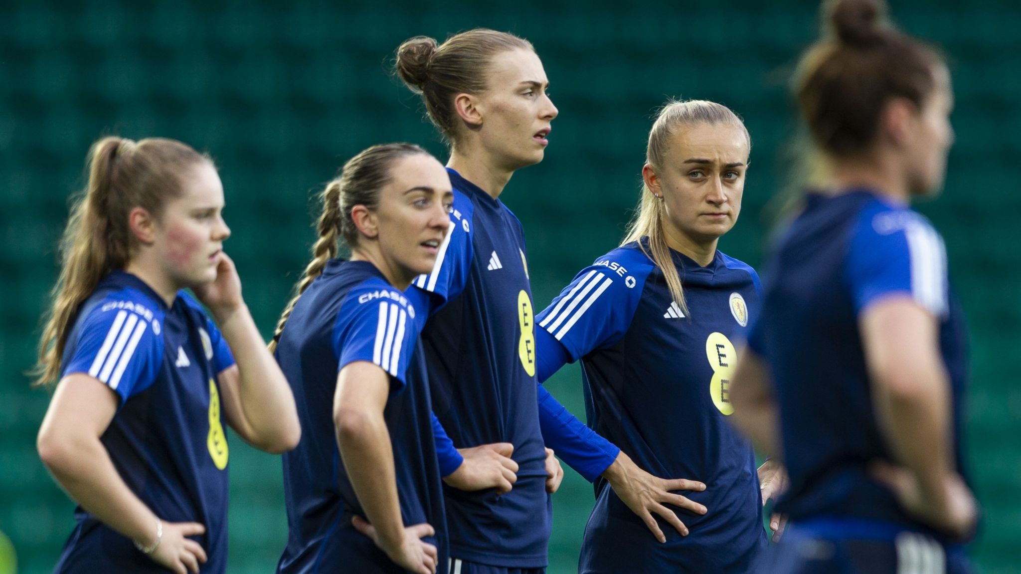 Scotland centre-half Jenna Clark (centre) during training