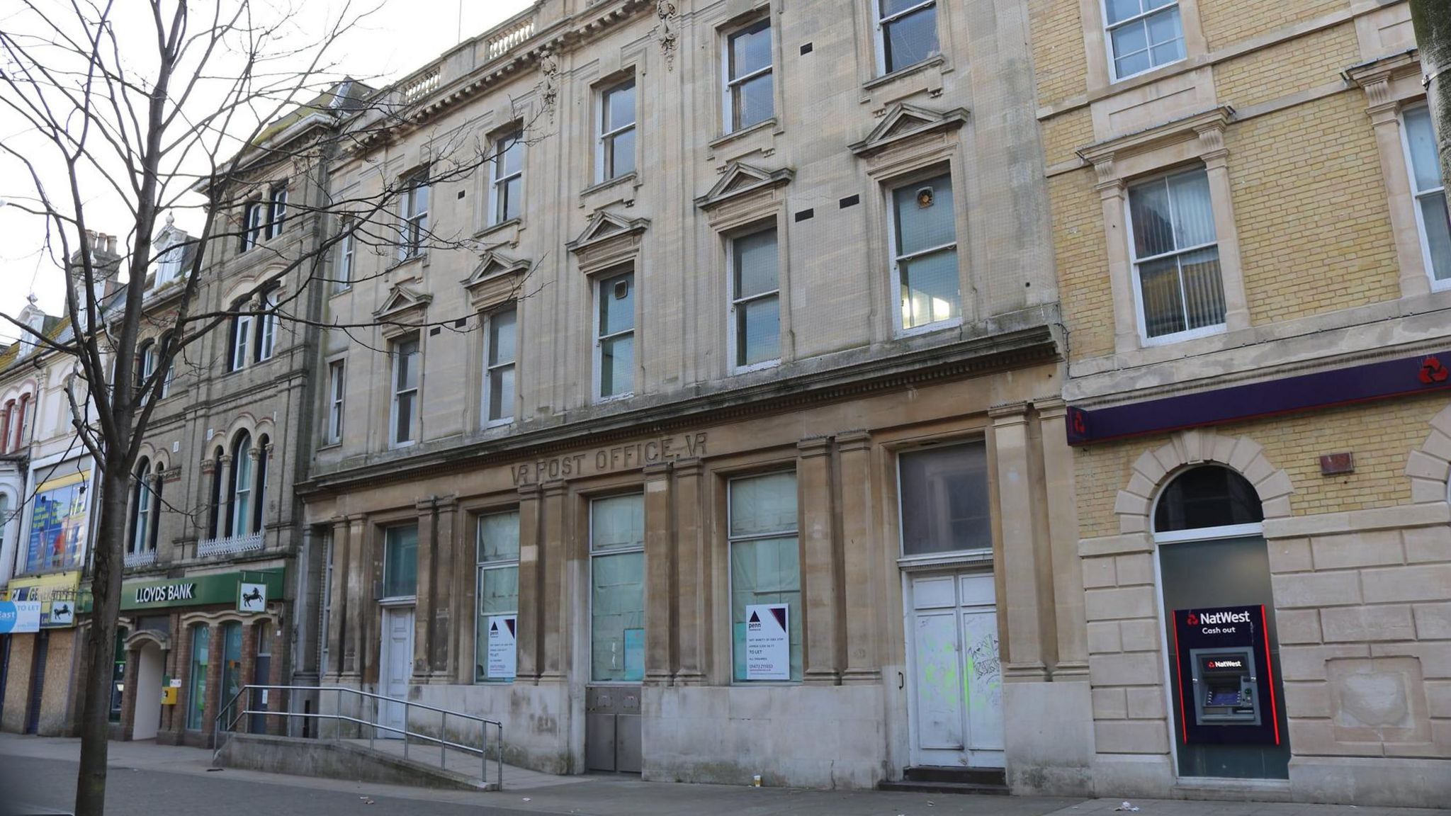 The former Post Office building in Lowestoft before improvement works to its front