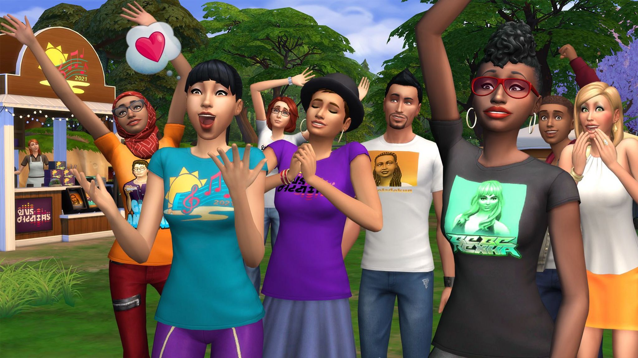 A group of computer-generated characters of various genders and ethnicities stand in a garden party setting, waving and celebrating at something off-camera. One character displays a thought bubble with a heart emoji inside it