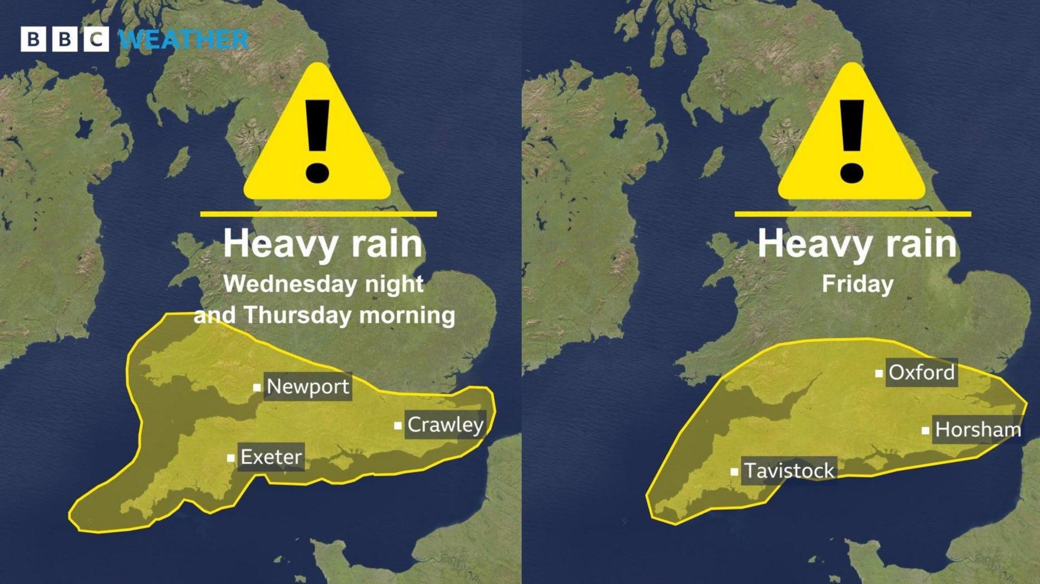 Two BBC weather maps side by side showing the areas for a yellow warning.  On the left, heavy rain warning from Wednesday night and Thursday morning.  Yellow warning covers south Wales and most of southern England.  On the right, the yellow weather warning for Friday covering south Wales and southern England.