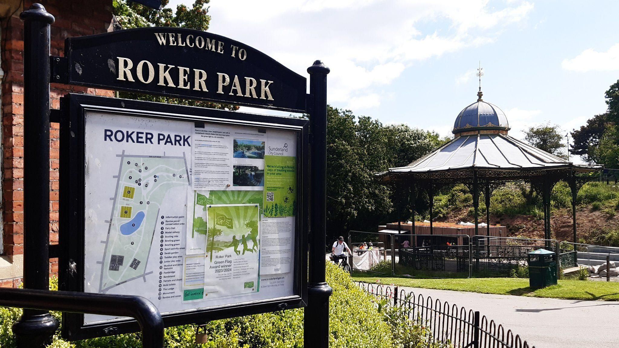 Welcome to Roker Park signage with the bandstand in the background.