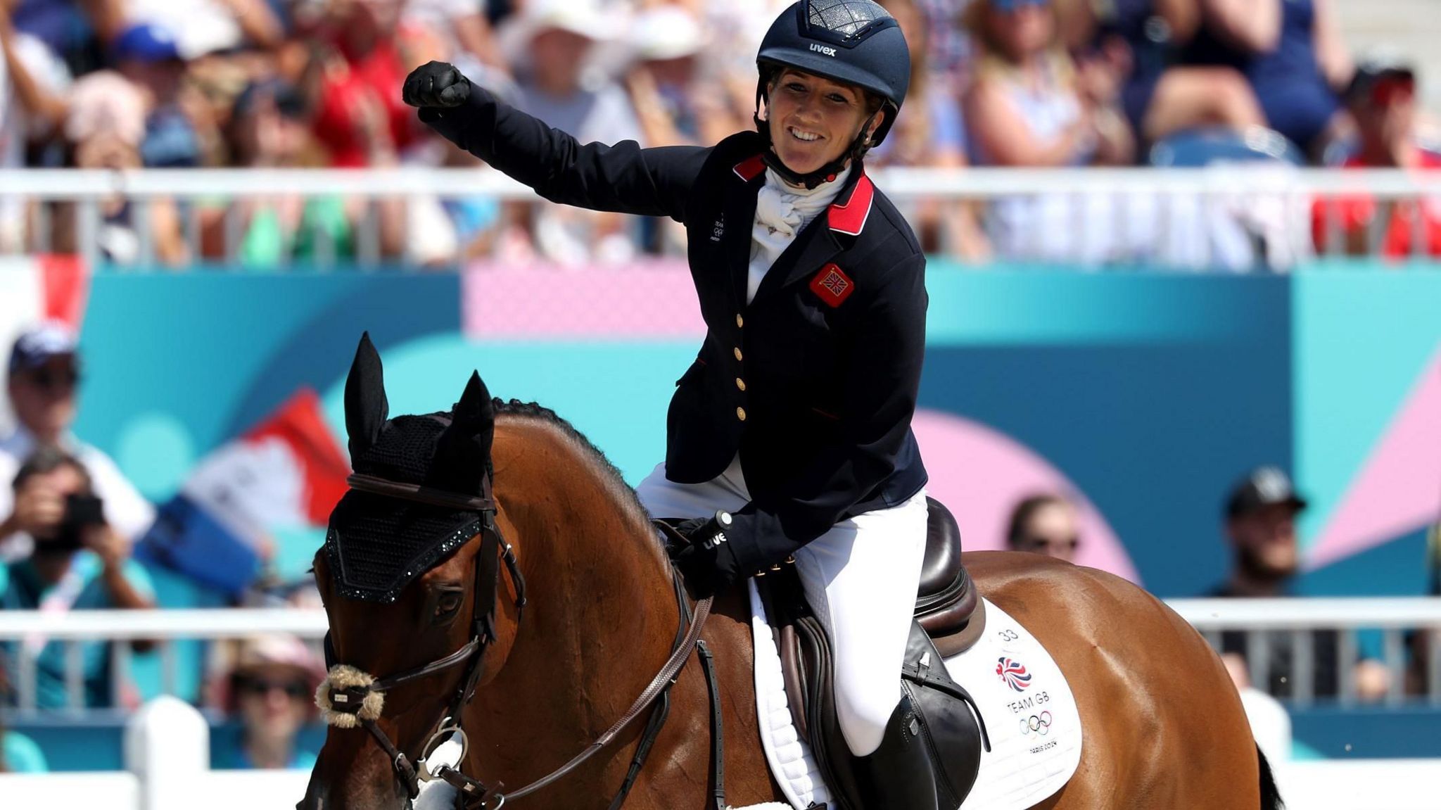 Laura Collett celebrates Olympic team eventing gold