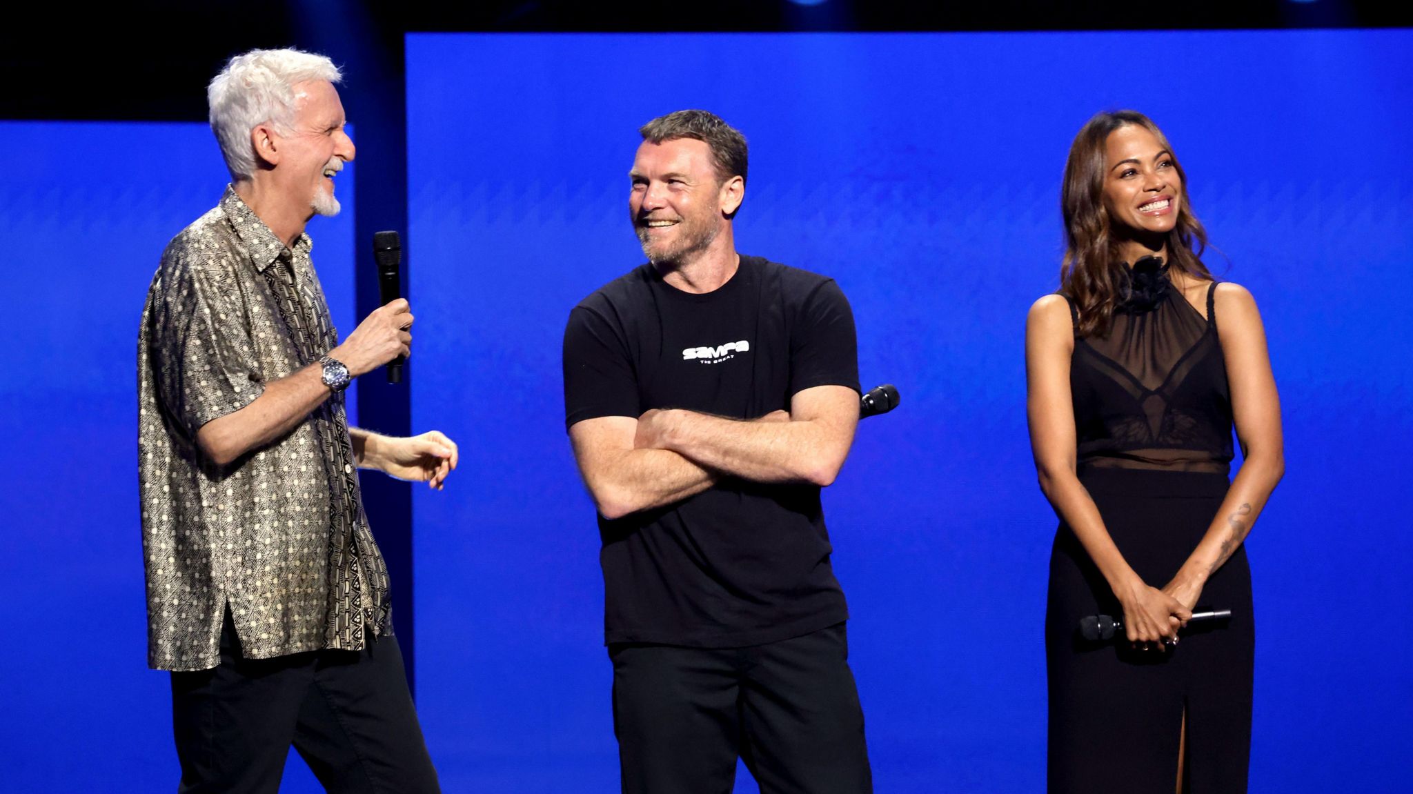 James Cameron, Sam Worthington and Zoe Saldana appear at the Disney Entertainment Showcase at D23: The Ultimate Disney Fan Event in Anaheim, California on August 09, 2024