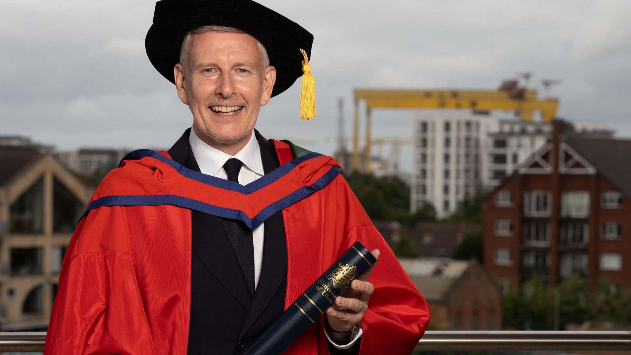 Undated Ulster University handout photo of Patrick Kielty, after being awarded an honorary doctorate from Ulster University