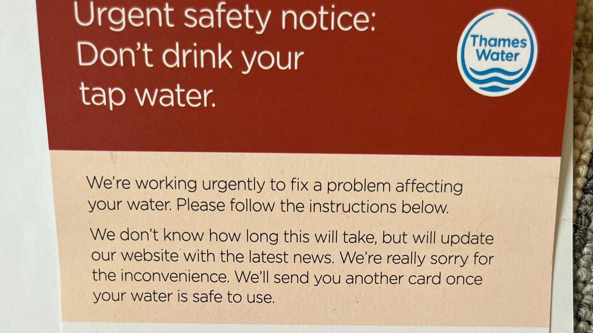 Sign warning people in Bramley not to drink their tap water