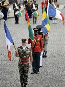 Flag bearers at the Bastille Day parade in Paris on 14 July, 2010