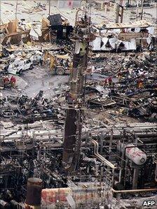 The aftermath of an explosion at a BP refinery in Texas City, Texas