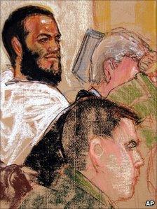 Courtroom sketch of Omar Khadr, top, at preliminary hearing on 9 August 2010