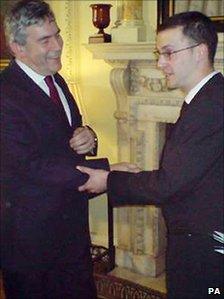 Dan Glass glues himself to Gordon Brown in July 2008