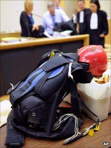 A parachute bag being used as evidence at the trial
