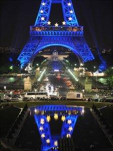 Eiffel Tower lit up with EU flag