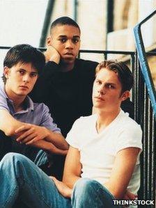 Three youths sitting on stairs