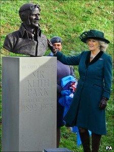 The Duchess of Cornwall with the bronze bust of Sir Keith Park