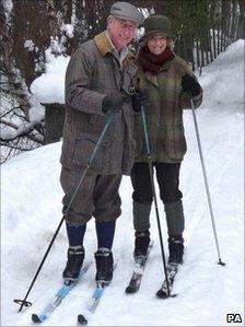 The Prince of Wales and Duchess of Cornwall cross-country skiing in Scotland