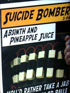 Part of a poster for cocktails depicting a drink called 'Suicide Bomber' in Swansea