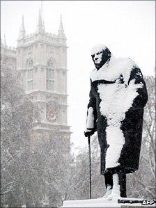 Churchill statue covered in snow