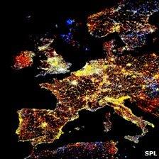 Composite satellite image of light pollution in Europe. Lights are colour-coded: red lights appeared during that period; orange and yellow areas increased in brightness; grey areas are unchanged; pale blue and dark blue areas decreased in brightness