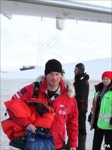 Prince Harry arriving at Longyearbyen Airport on 9 April 2011 on his way back to the UK