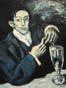 Painting by Pablo Picasso Portrait de Angel Fernandez de Soto, more commonly known as The Absinthe Drinker