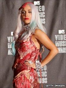 Lady Gaga in her dress made of beef cuts