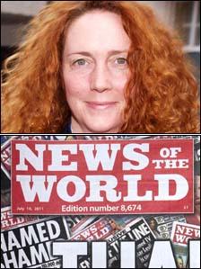 Rebekah Brooks (top) and the last edition of the News of the World (bottom)