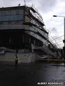 Scaffolding over building in Notting Hill, west London, brought down by the wind
